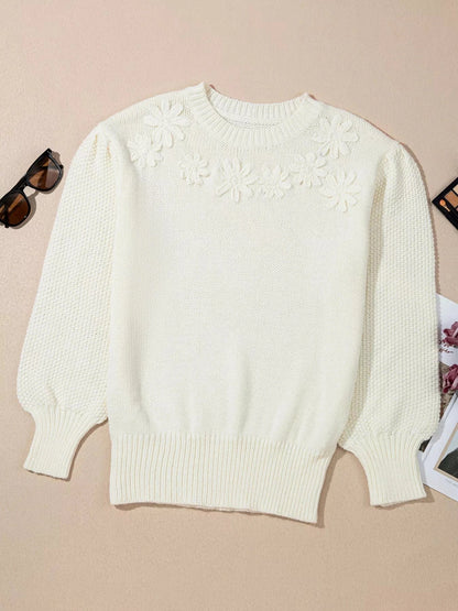 Flower Detail Puff Sleeve Sweater Sweaters The Nichole Collection