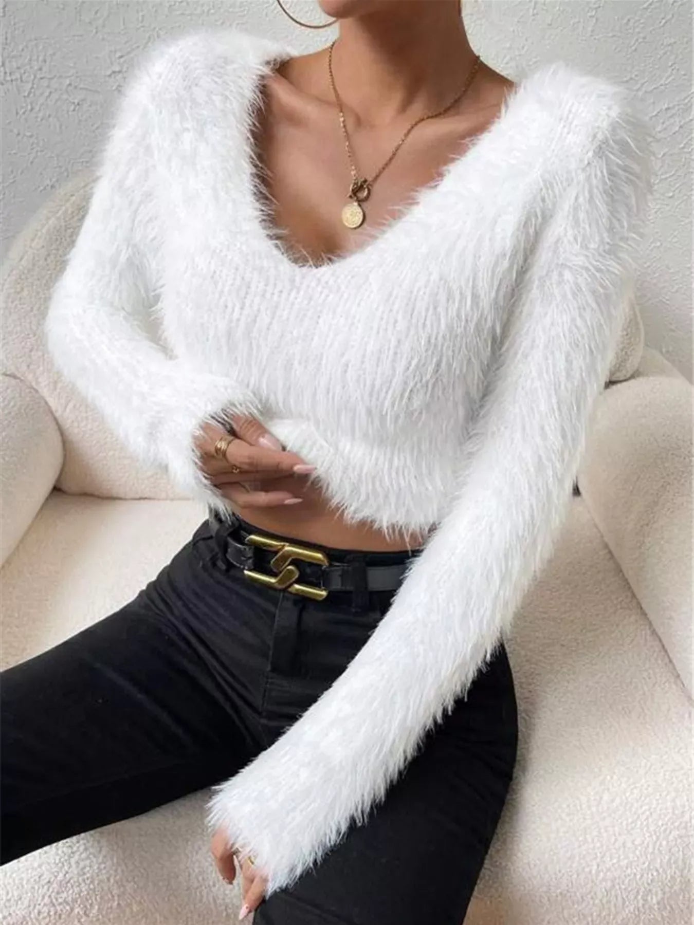 Fluffy Knit V-Neck Sweater White / S The Nichole Collection - Official Site