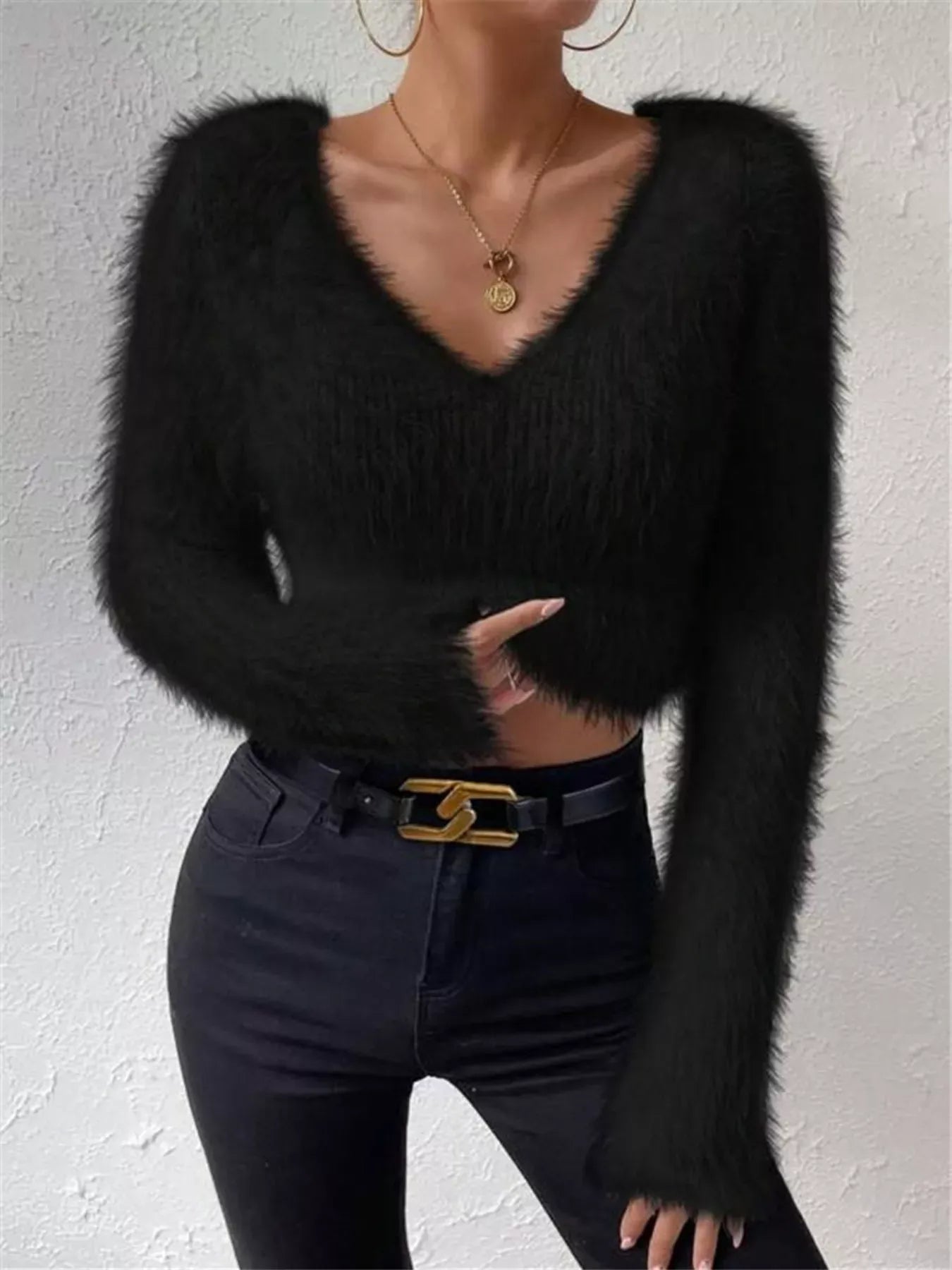 Fluffy Knit V-Neck Sweater Black / S The Nichole Collection - Official Site