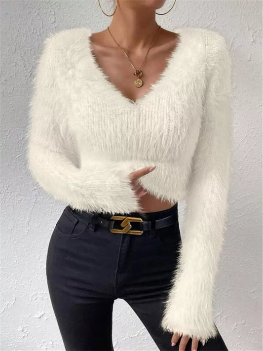 Fluffy Knit V-Neck Sweater Beige / S The Nichole Collection - Official Site