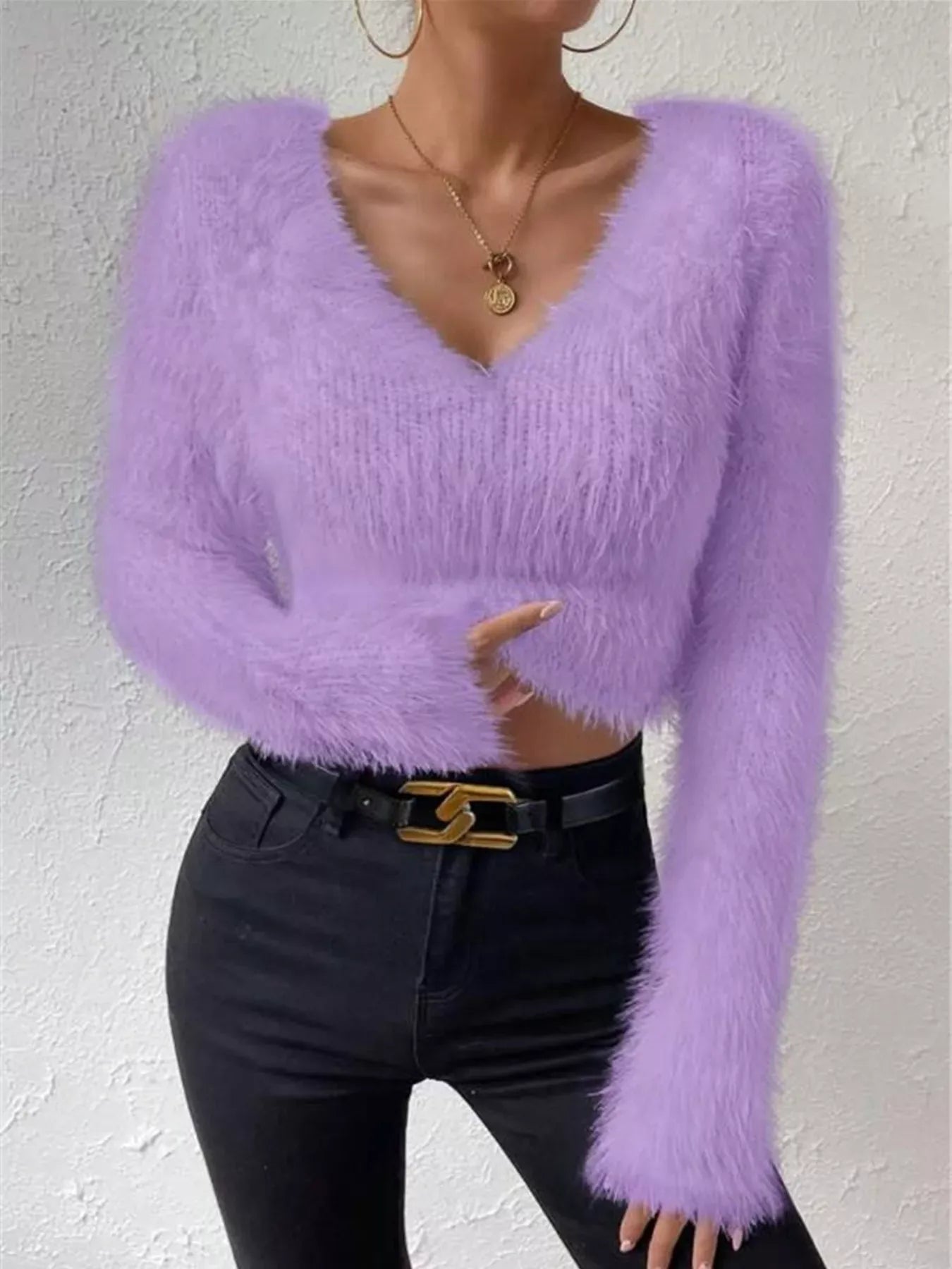 Fluffy Knit V-Neck Sweater The Nichole Collection - Official Site