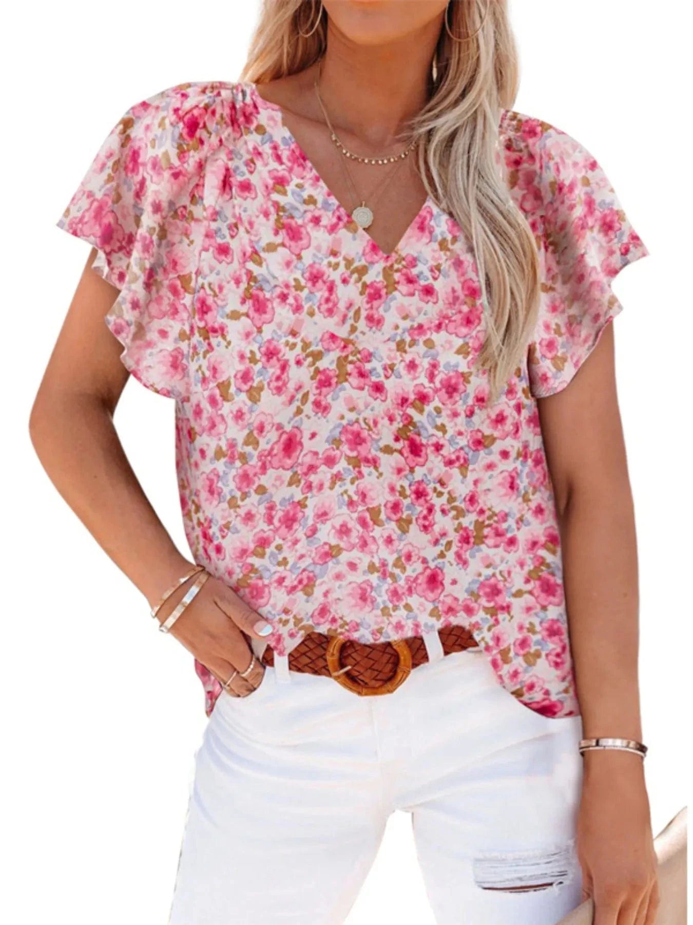 Flutter Sleeve Floral V-Neck Blouse Plus Size The Nichole Collection