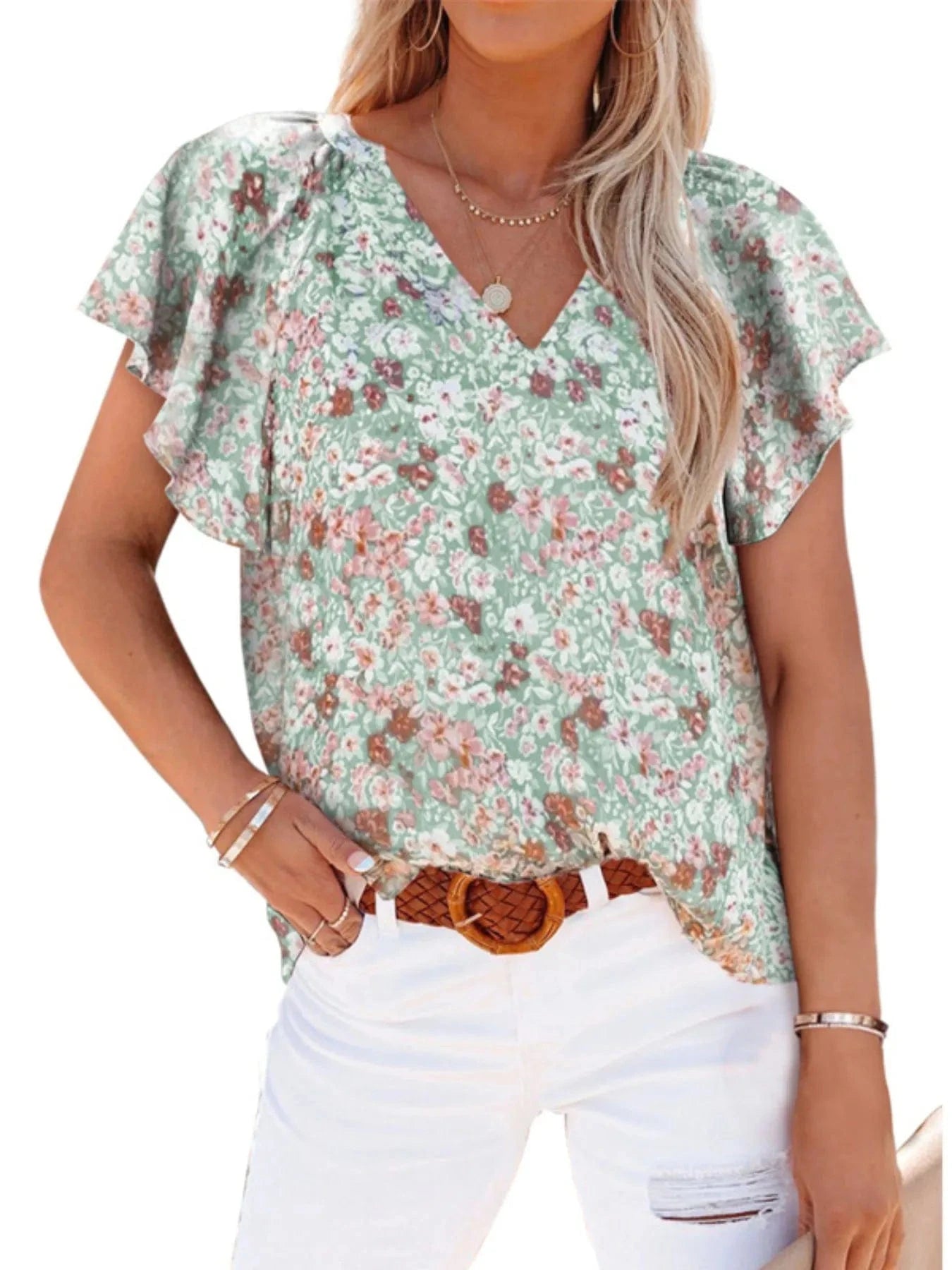 Flutter Sleeve Floral V-Neck Blouse Plus Size The Nichole Collection