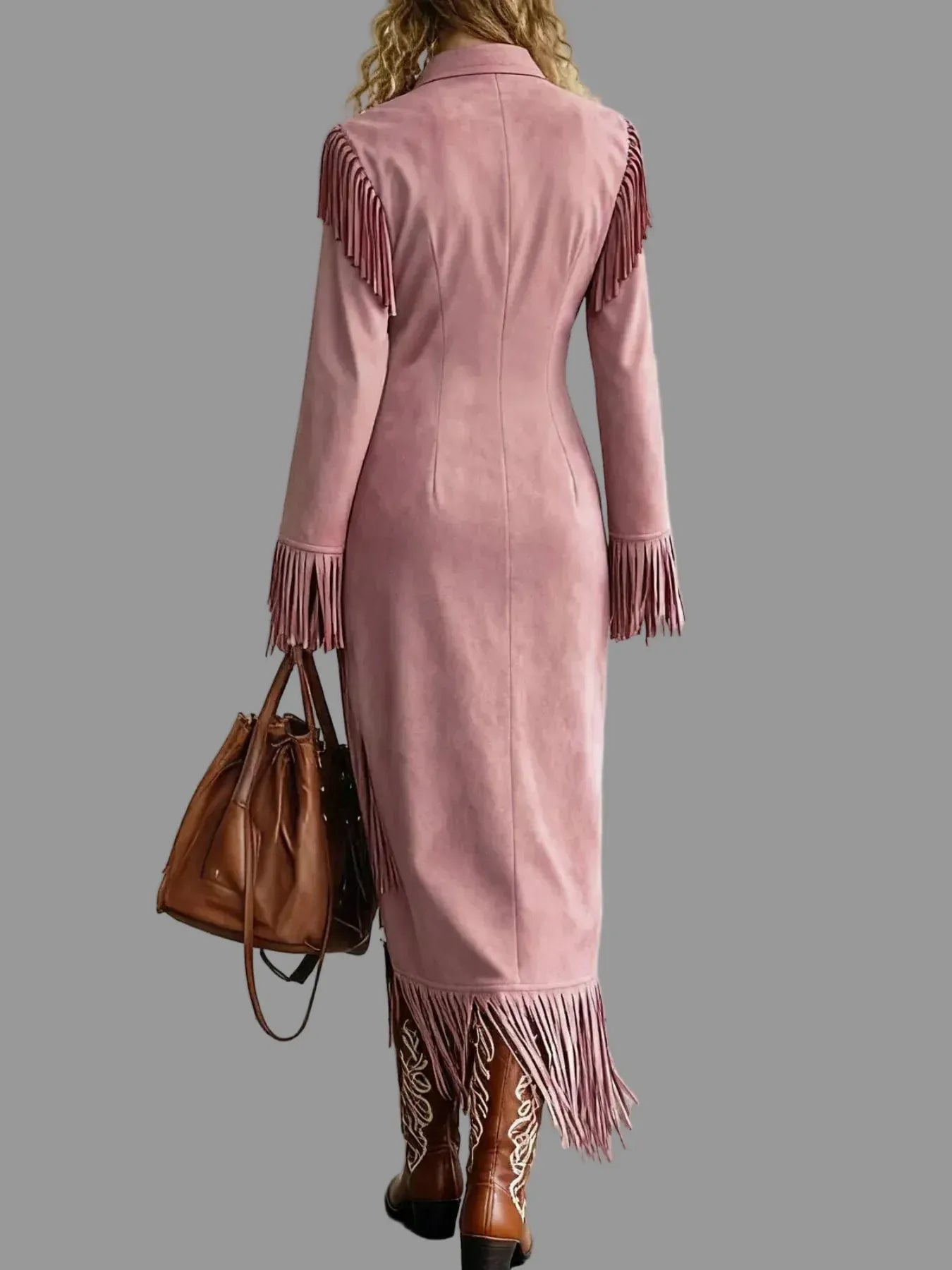 Form Fitting Fringed Suede Slit Midi Dress - Bean Paste Powder / S