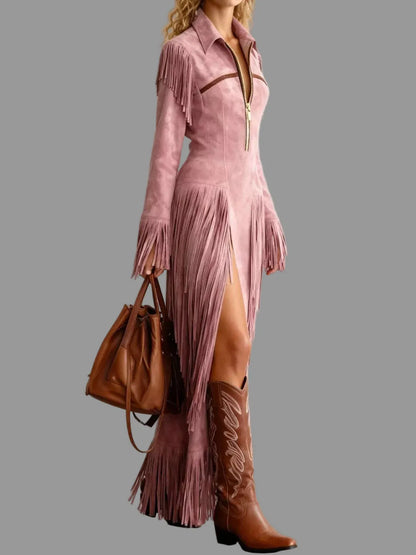 Form Fitting Fringed Suede Slit Midi Dress - Bean Paste Powder / S