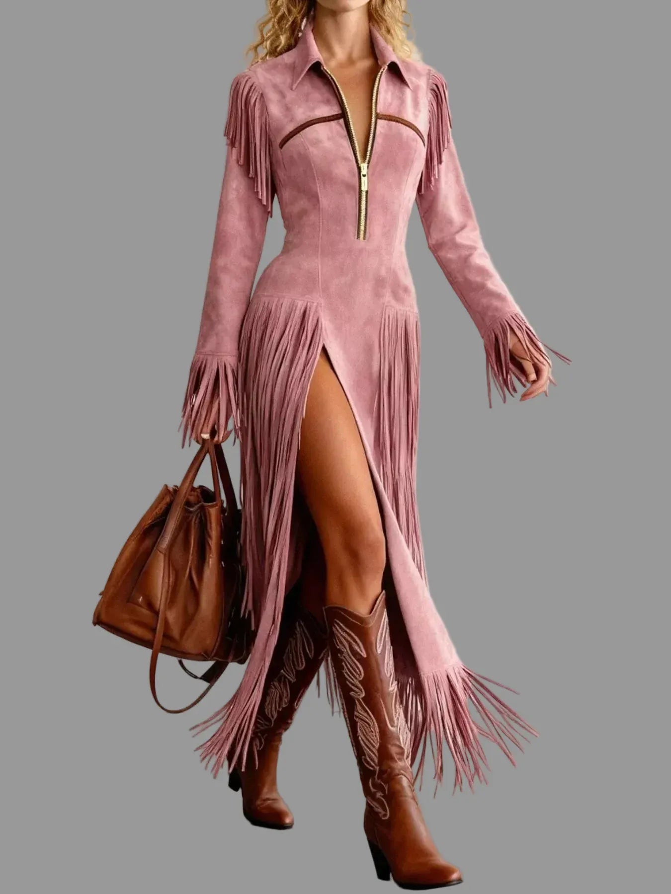 Form Fitting Fringed Suede Slit Midi Dress - Bean Paste Powder / S