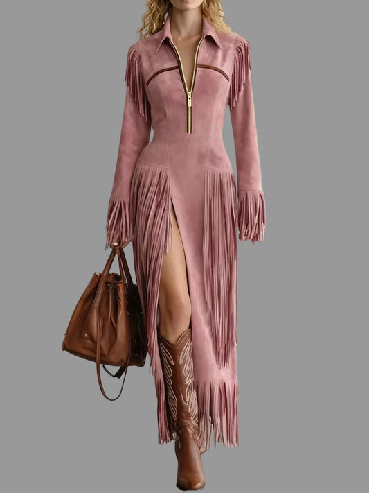 Form Fitting Fringed Suede Slit Midi Dress Dresses Bean Paste Powder / S The Nichole Collection