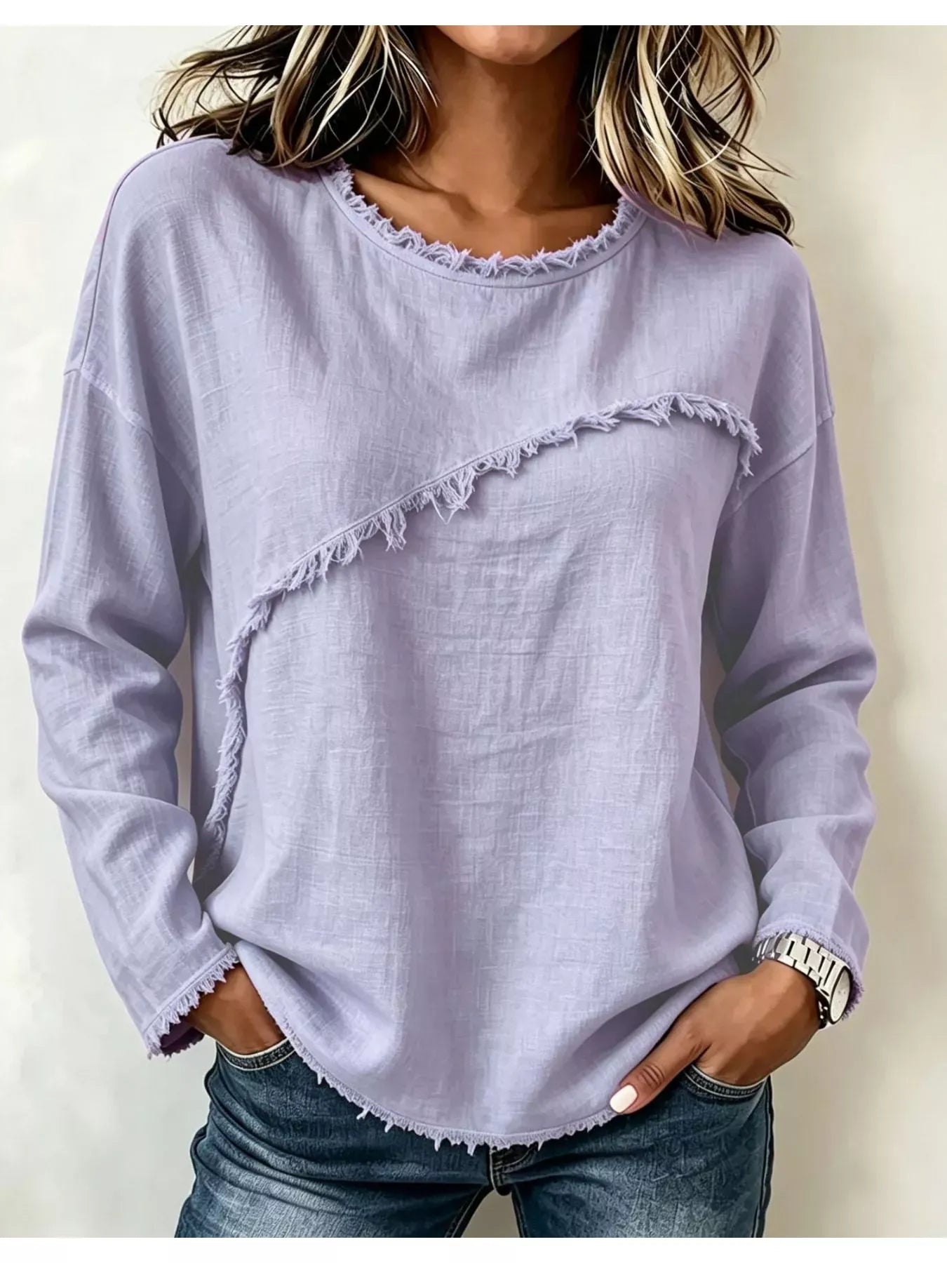 Frayed Hem Dropped Shoulder Blouse Pink Purple / S The Nichole Collection - Official Site