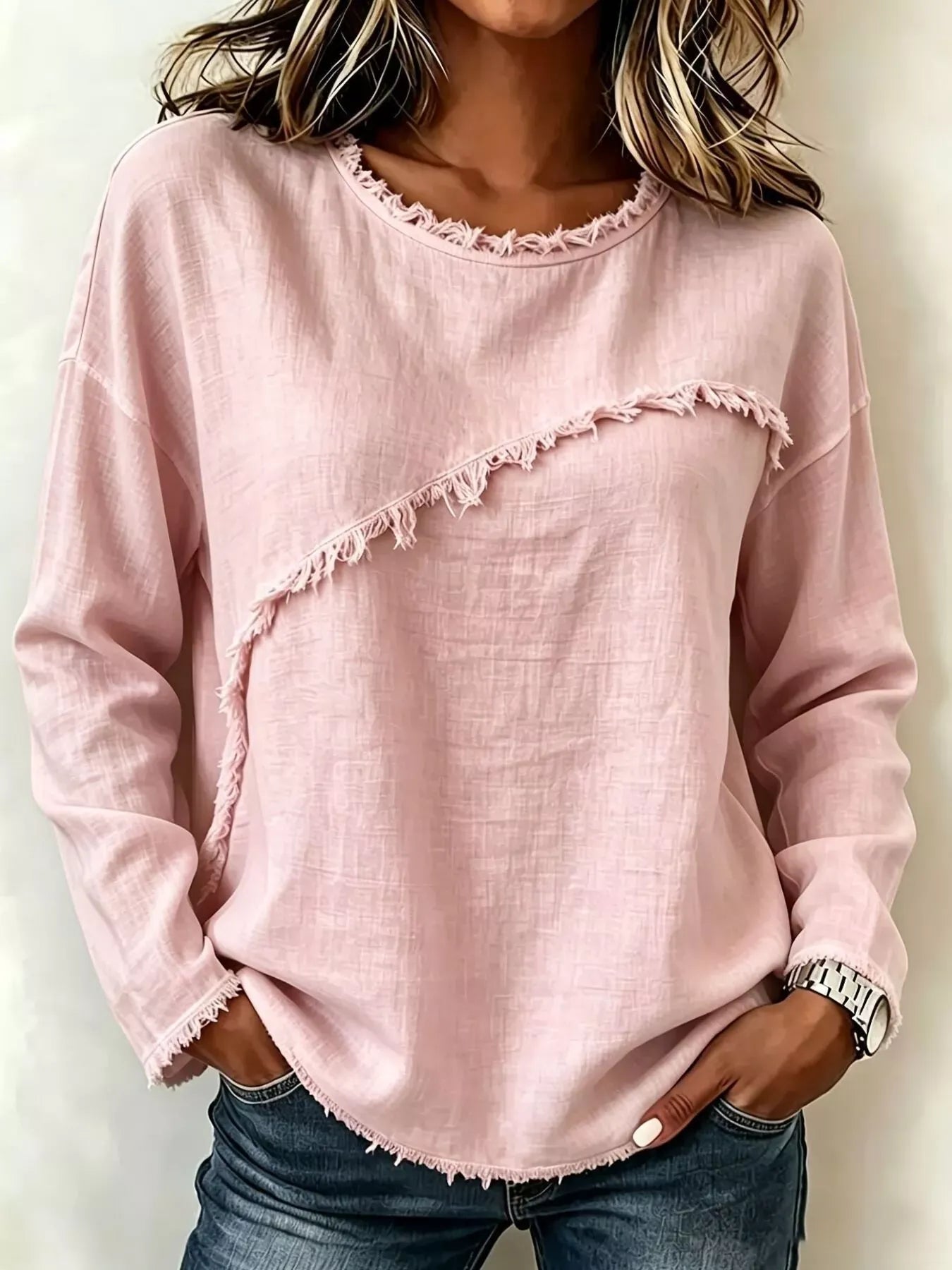 Frayed Hem Dropped Shoulder Blouse Blush Pink / S The Nichole Collection - Official Site
