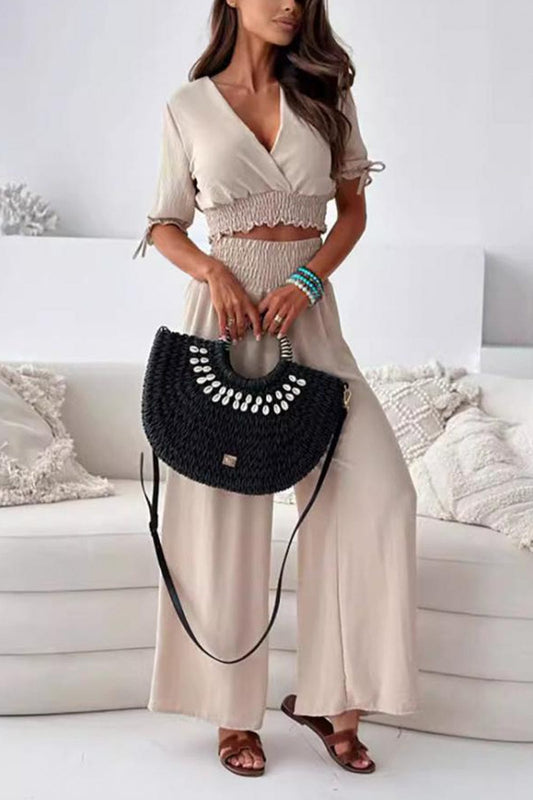 Frilled V-Neck Short Sleeve Top and Pants Set Dust Storm / S The Nichole Collection