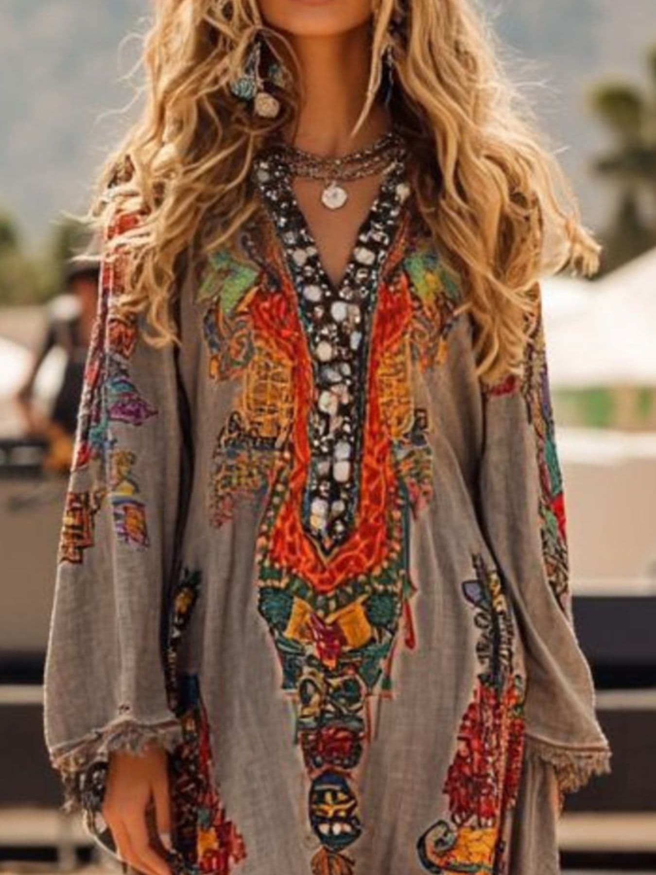 Fringe Hem Notched Long Sleeve Dress Midi Dresses The Nichole Collection - Official Site