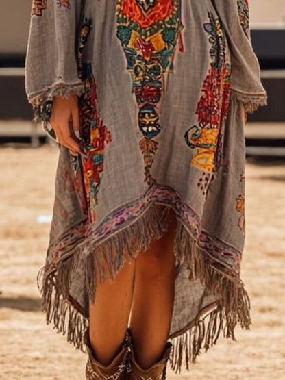 Fringe Hem Notched Long Sleeve Dress Midi Dresses The Nichole Collection - Official Site