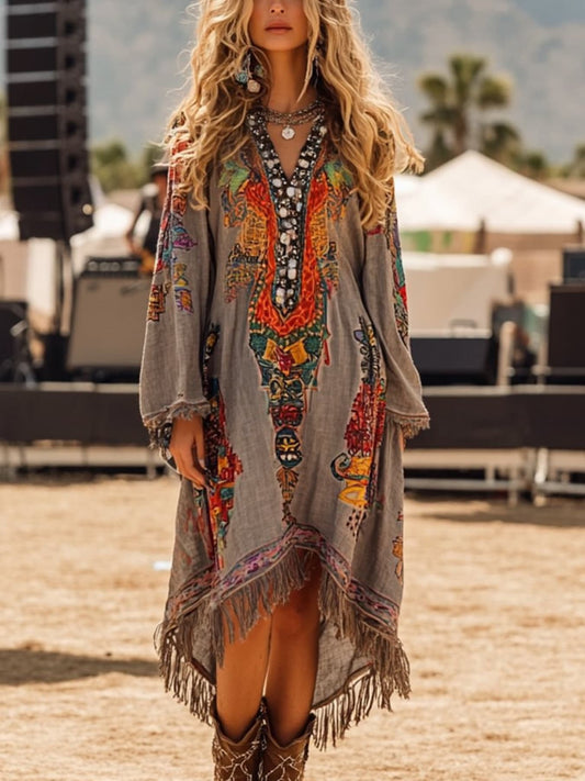Fringe Hem Notched Long Sleeve Dress Gray / S Midi Dresses The Nichole Collection - Official Site
