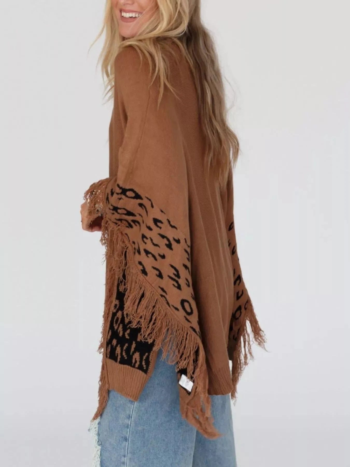 Fringe Leopard Mock Neck Batwing Sleeve Knit Poncho Sweaters The Nichole Collection