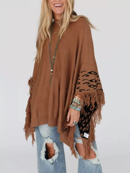 Fringe Leopard Mock Neck Batwing Sleeve Knit Poncho Sweaters The Nichole Collection