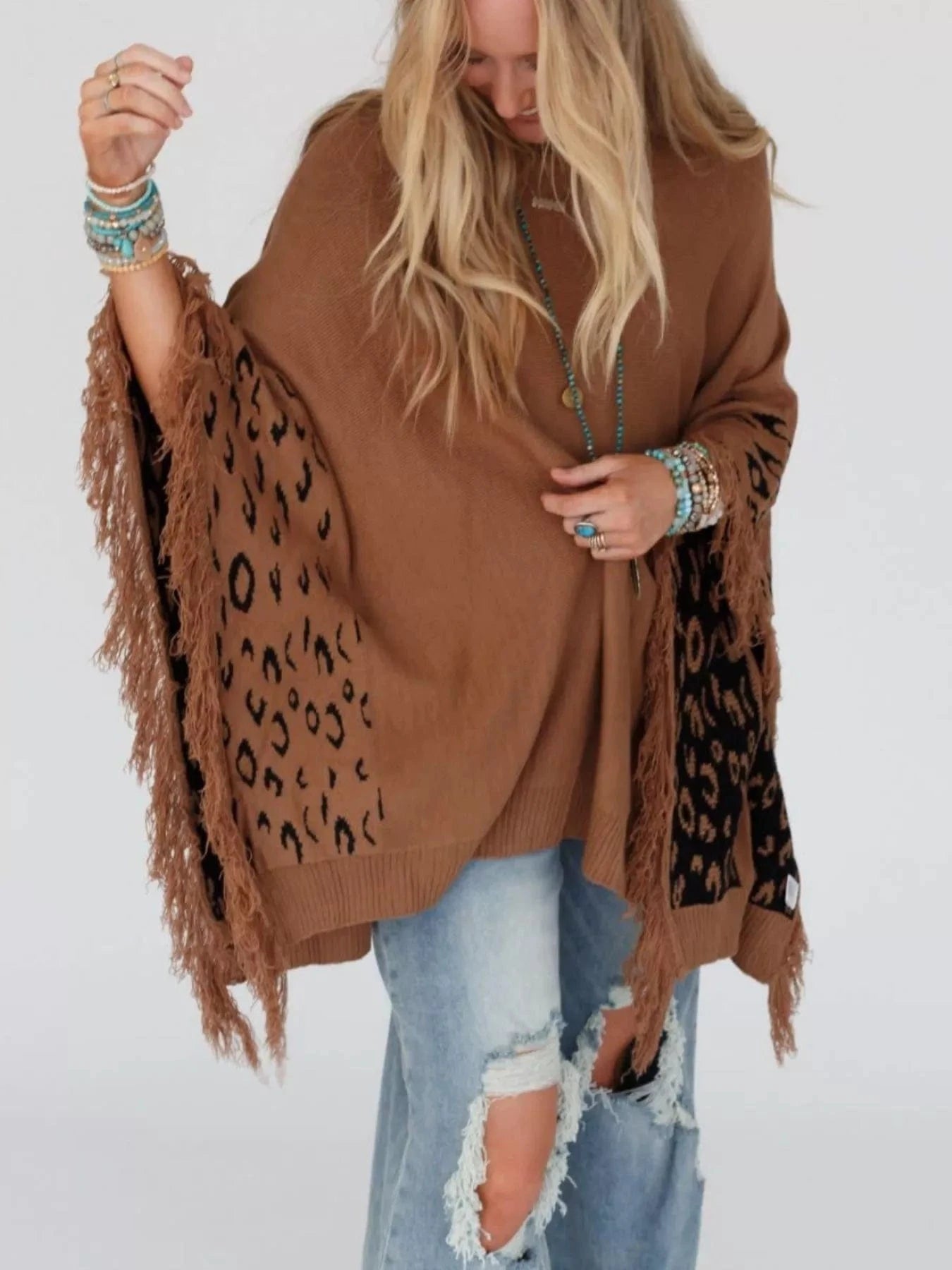 Fringe Leopard Mock Neck Batwing Sleeve Knit Poncho Sweaters The Nichole Collection