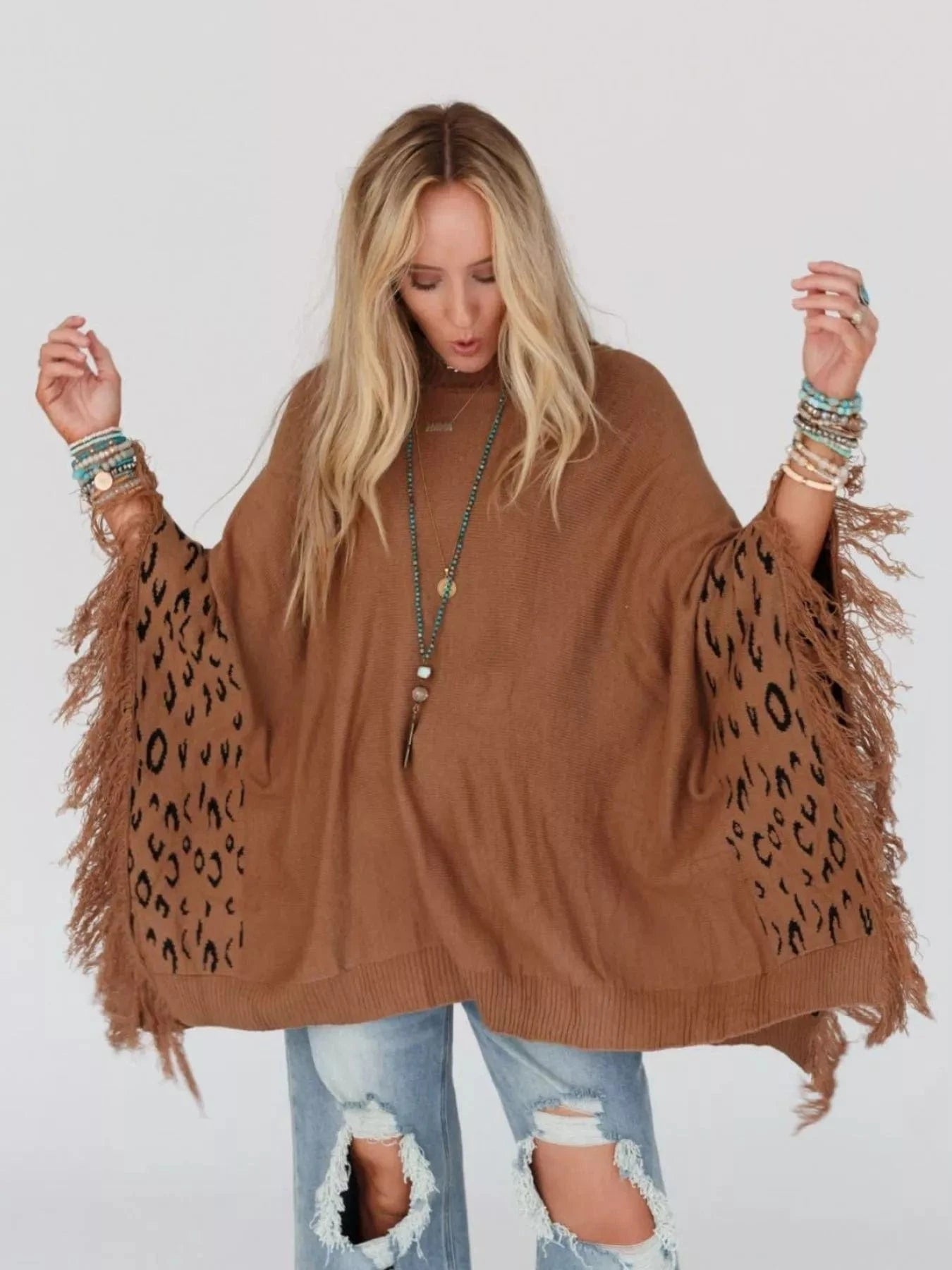 Fringe Leopard Mock Neck Batwing Sleeve Knit Poncho Sweaters The Nichole Collection