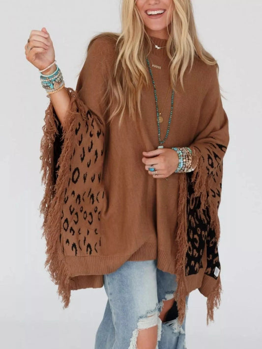 Fringe Leopard Mock Neck Batwing Sleeve Knit Poncho Sweaters Brown / S The Nichole Collection