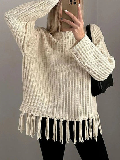 Fringe Round Neck Long Sleeve Sweater Sweaters The Nichole Collection