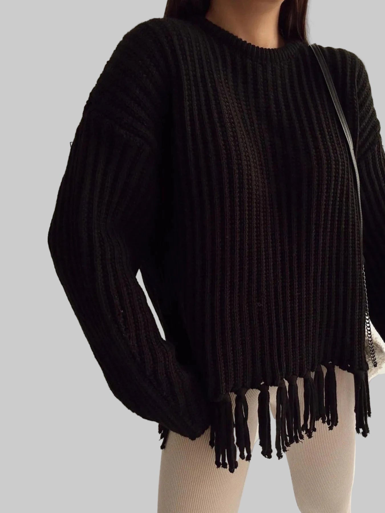 Fringe Round Neck Long Sleeve Sweater Sweaters Black / S The Nichole Collection