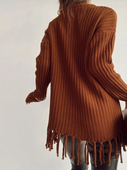 Fringe Round Neck Long Sleeve Sweater Sweaters The Nichole Collection