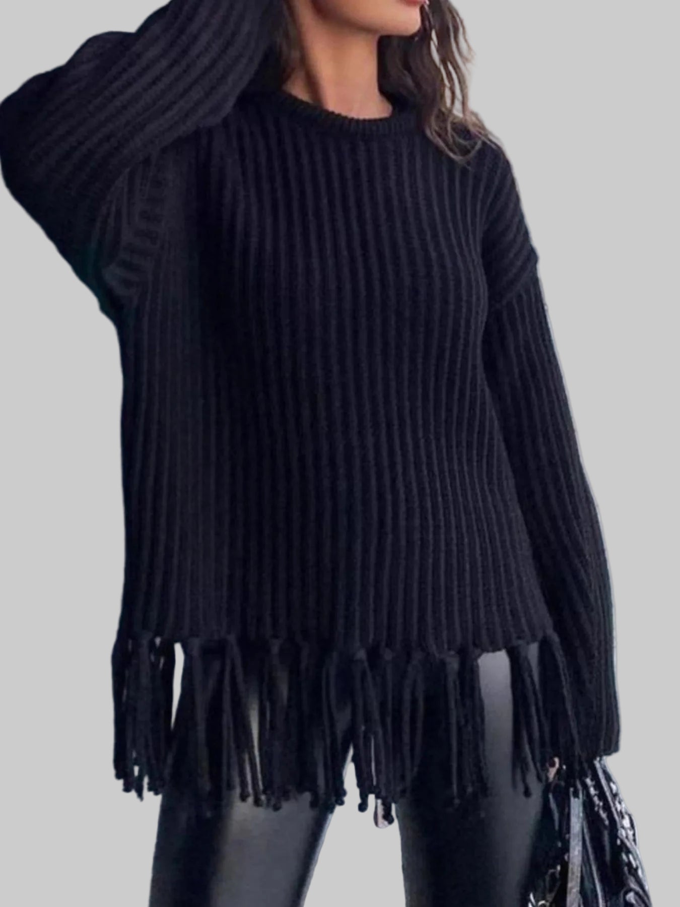 Fringe Round Neck Long Sleeve Sweater Sweaters The Nichole Collection