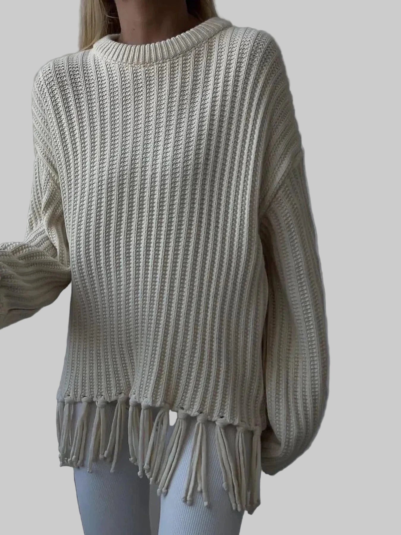 Fringe Round Neck Long Sleeve Sweater Sweaters The Nichole Collection