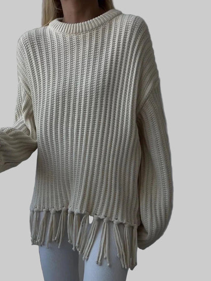 Fringe Round Neck Long Sleeve Sweater Sweaters The Nichole Collection