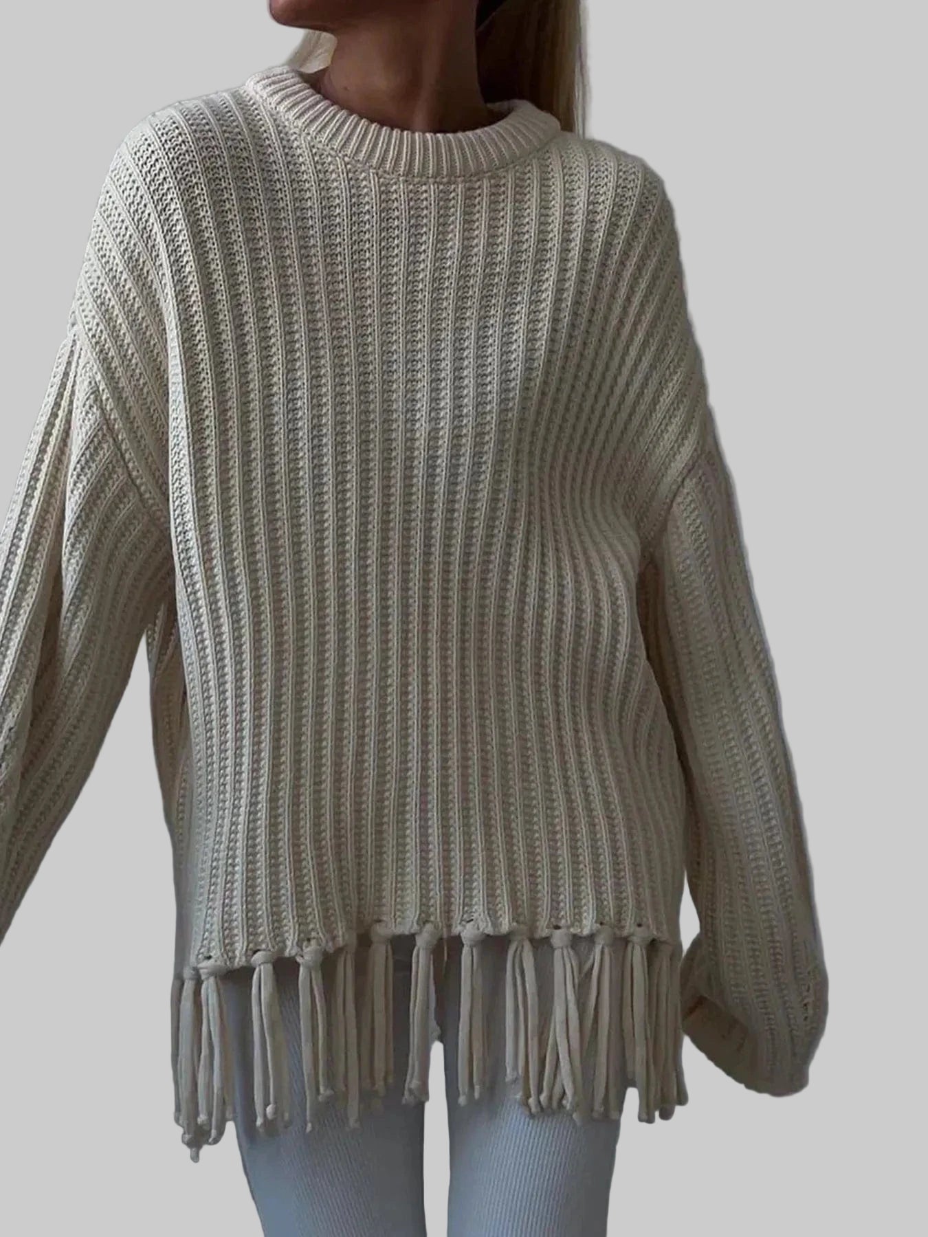 Fringe Round Neck Long Sleeve Sweater Sweaters Beige / S The Nichole Collection
