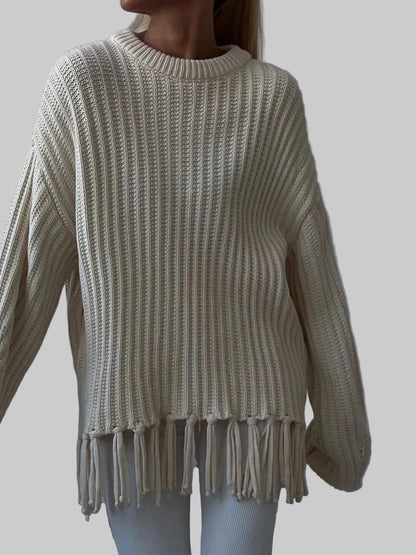 Fringe Round Neck Long Sleeve Sweater Sweaters Beige / S The Nichole Collection