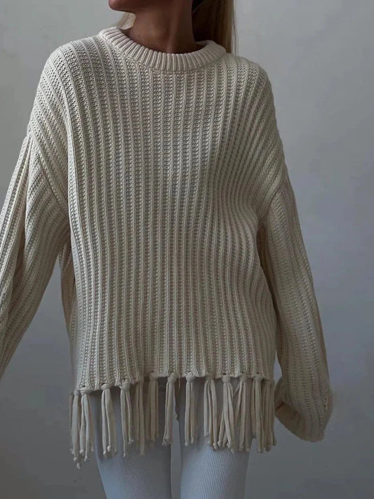 Fringe Round Neck Long Sleeve Sweater Sweaters Beige / S The Nichole Collection