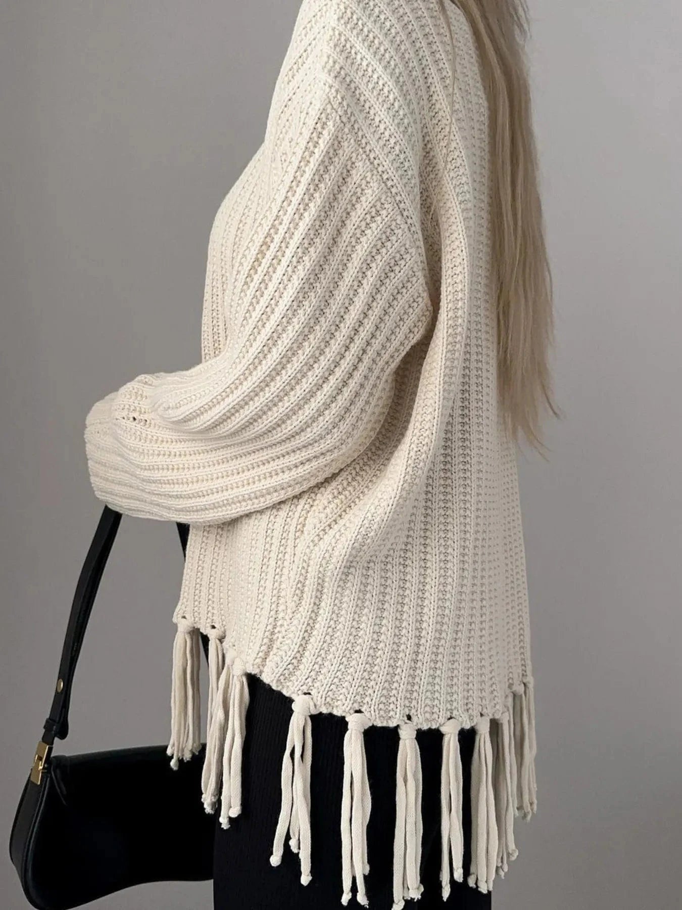 Fringe Round Neck Long Sleeve Sweater Sweaters The Nichole Collection