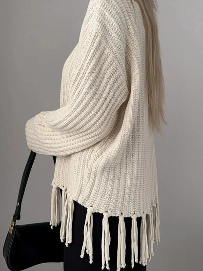 Fringe Round Neck Long Sleeve Sweater Sweaters The Nichole Collection
