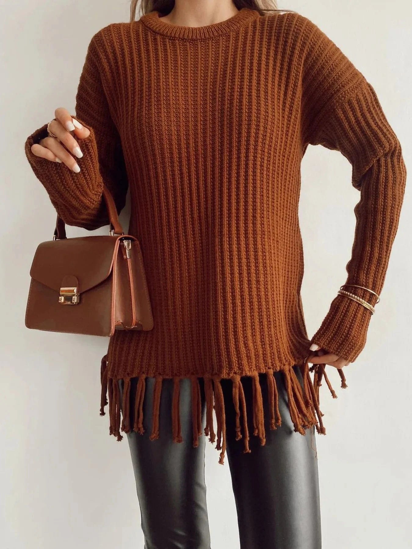 Fringe Round Neck Long Sleeve Sweater Sweaters The Nichole Collection
