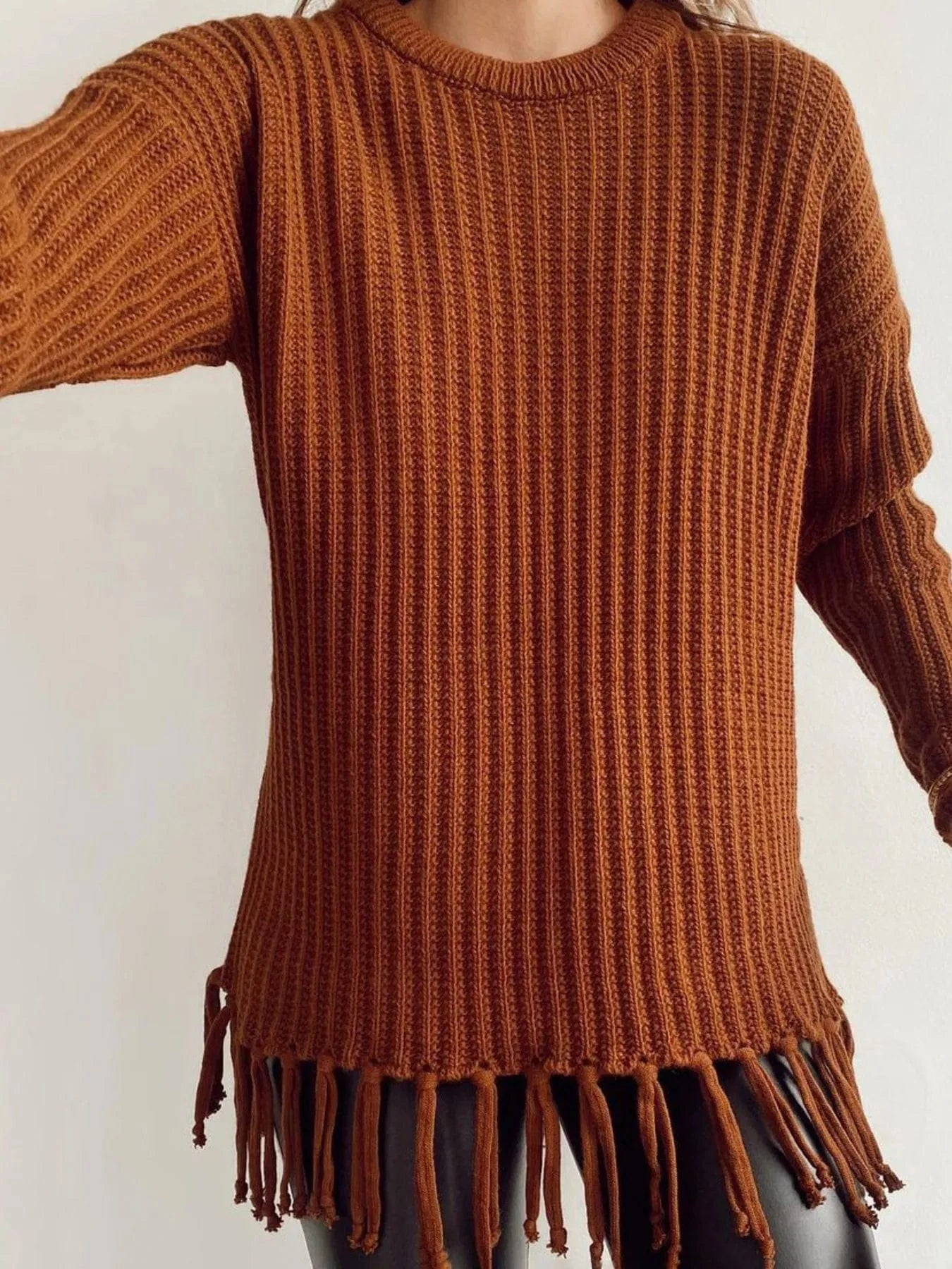 Fringe Round Neck Long Sleeve Sweater Sweaters Burgundy / S The Nichole Collection