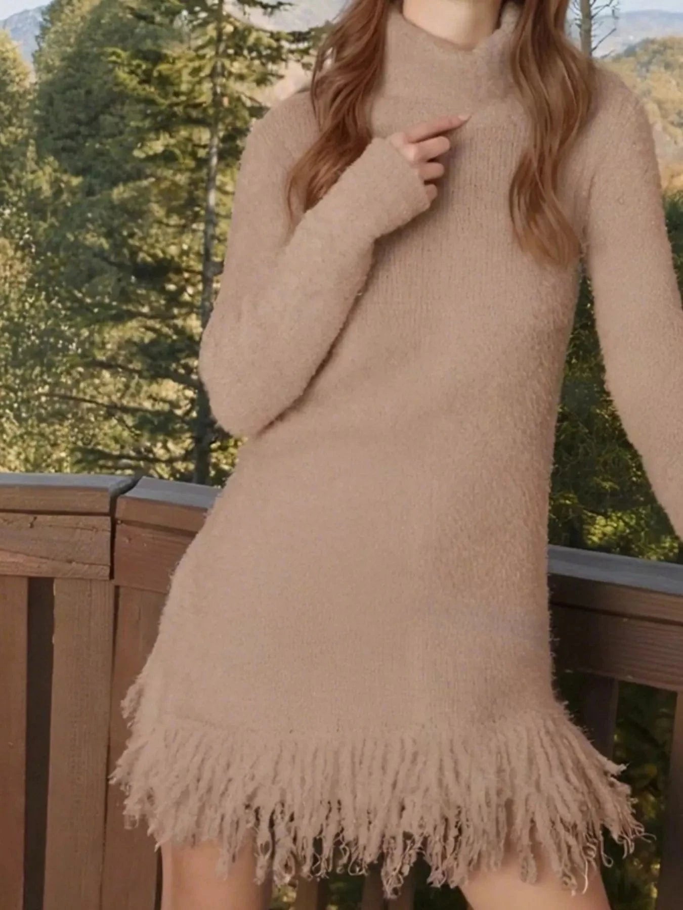 Fringe Turtleneck Long Sleeve Sweater Dress Dresses The Nichole Collection