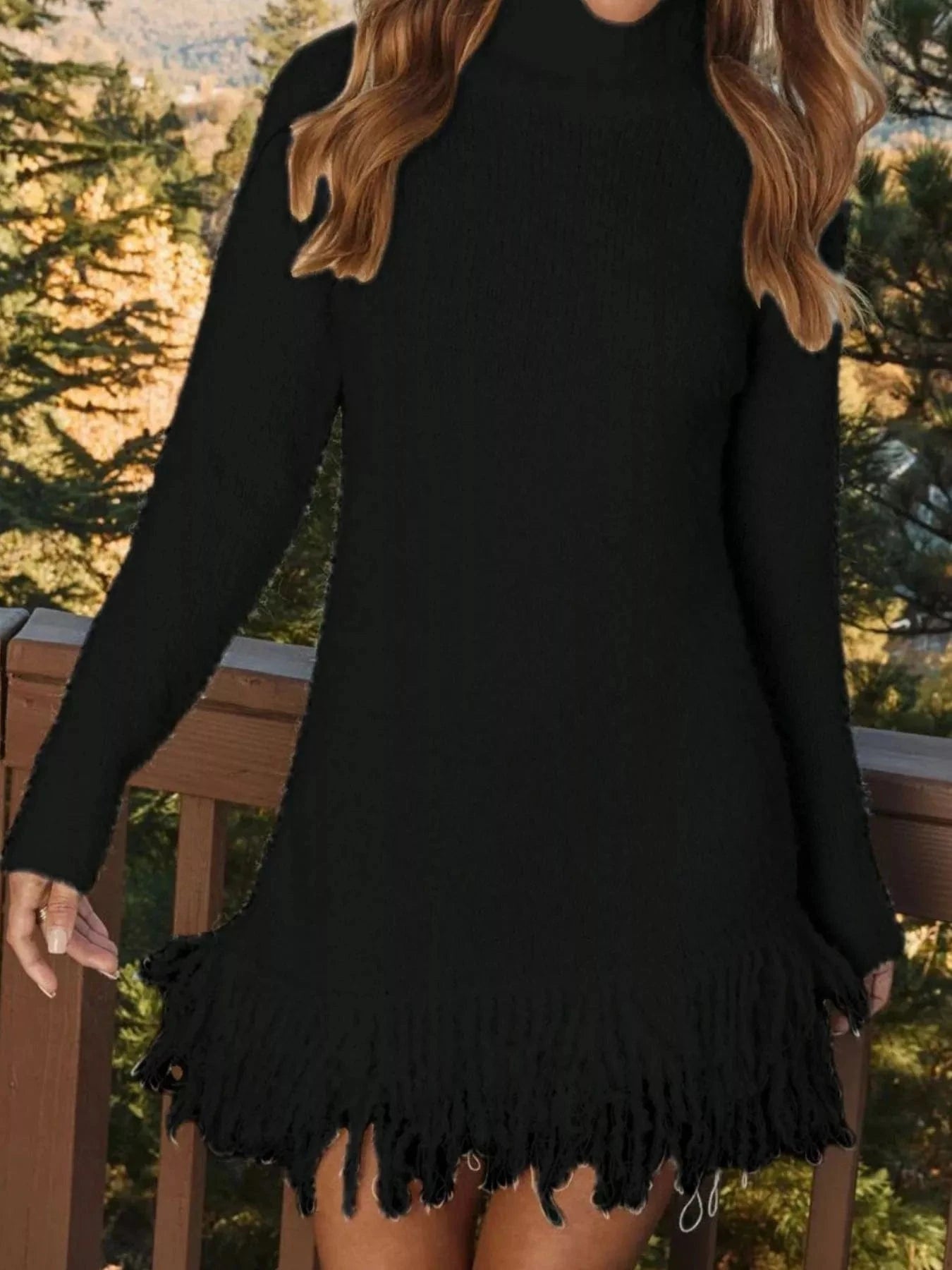 Fringe Turtleneck Long Sleeve Sweater Dress Dresses Black / S The Nichole Collection