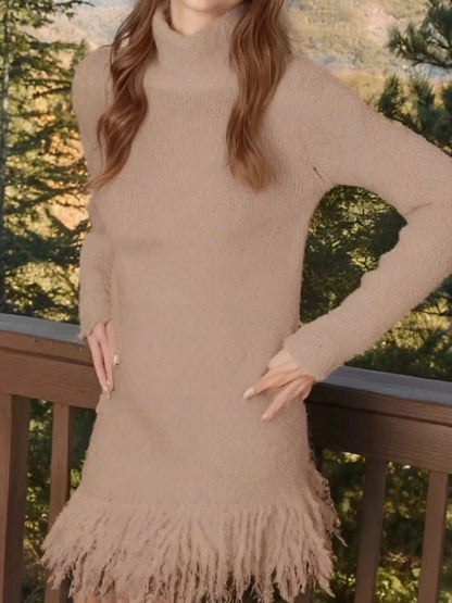 Fringe Turtleneck Long Sleeve Sweater Dress Dresses The Nichole Collection