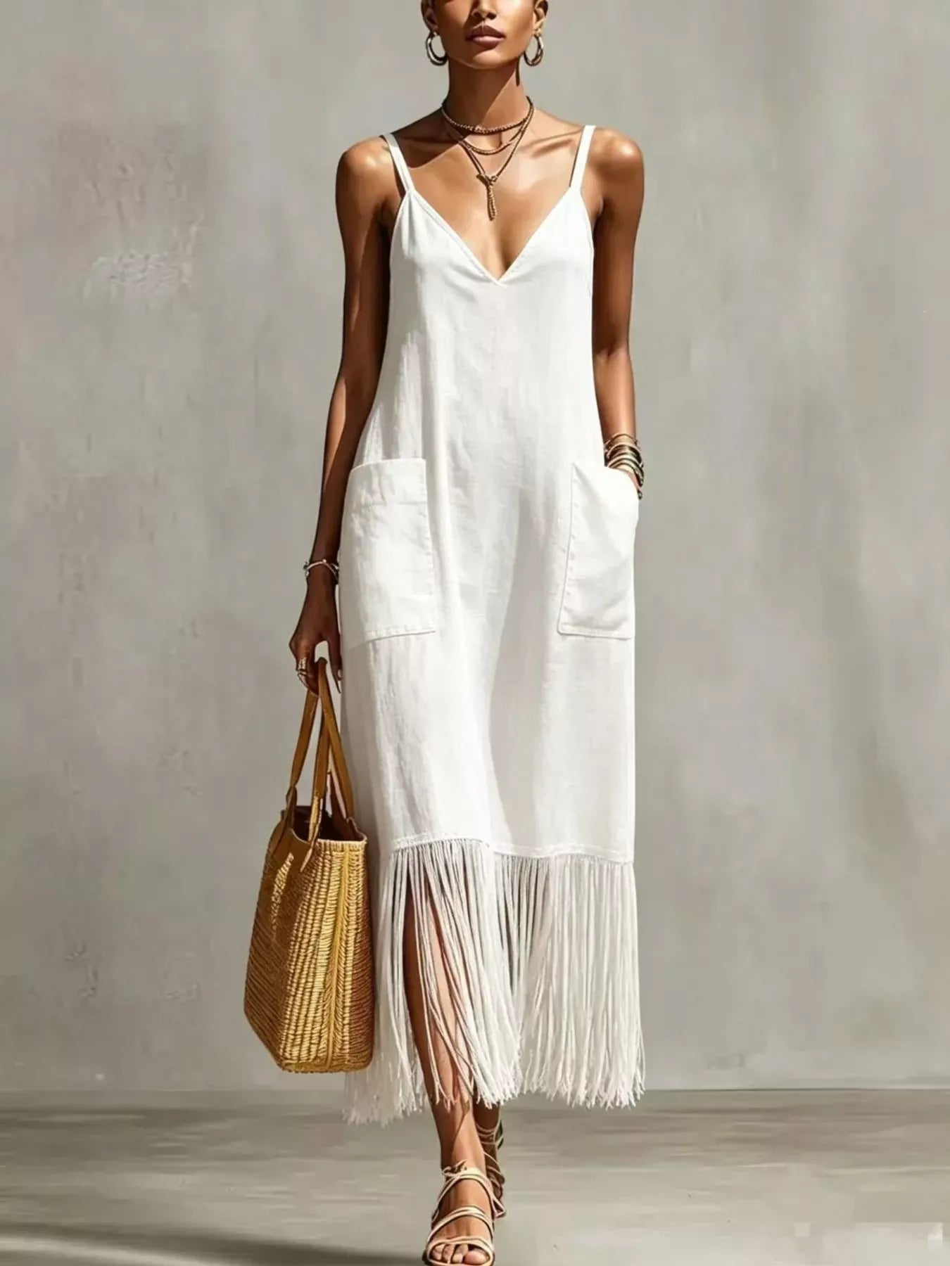 Fringe V-Neck Spaghetti Strap Dress White / S The Nichole Collection
