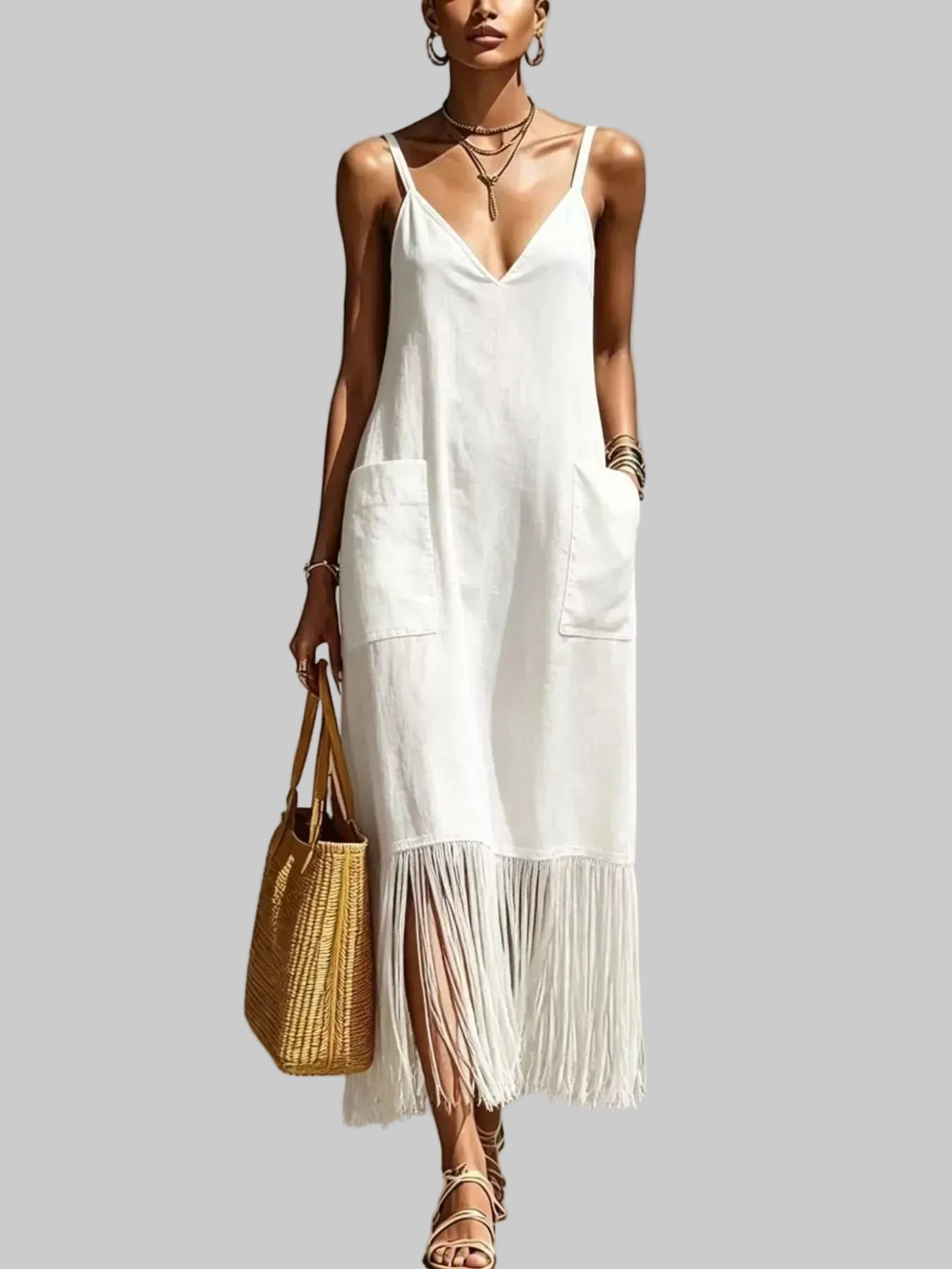Fringe V-Neck Spaghetti Strap Dress White / S The Nichole Collection