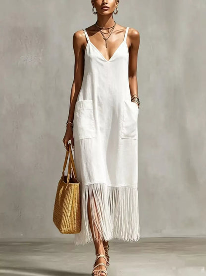 Fringe V-Neck Spaghetti Strap Dress White / S The Nichole Collection