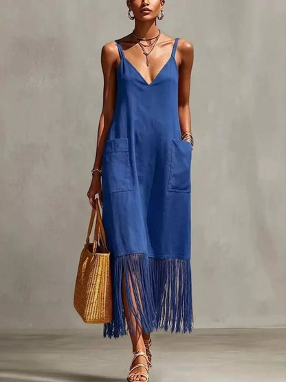 Fringe V-Neck Spaghetti Strap Dress Blue / S The Nichole Collection