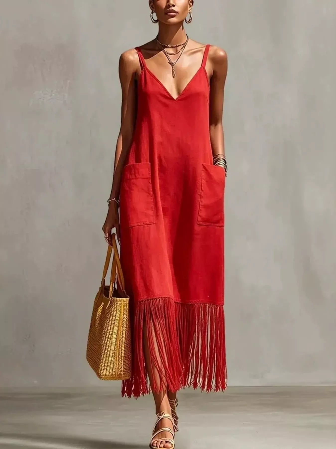 Fringe V-Neck Spaghetti Strap Dress Red / S The Nichole Collection