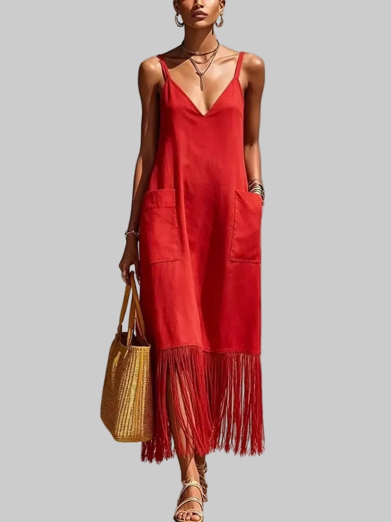 Fringe V-Neck Spaghetti Strap Dress Red / S The Nichole Collection