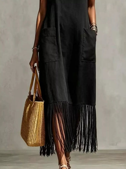 Fringe V-Neck Spaghetti Strap Dress The Nichole Collection