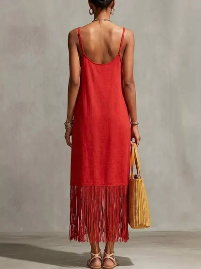 Fringe V-Neck Spaghetti Strap Dress The Nichole Collection