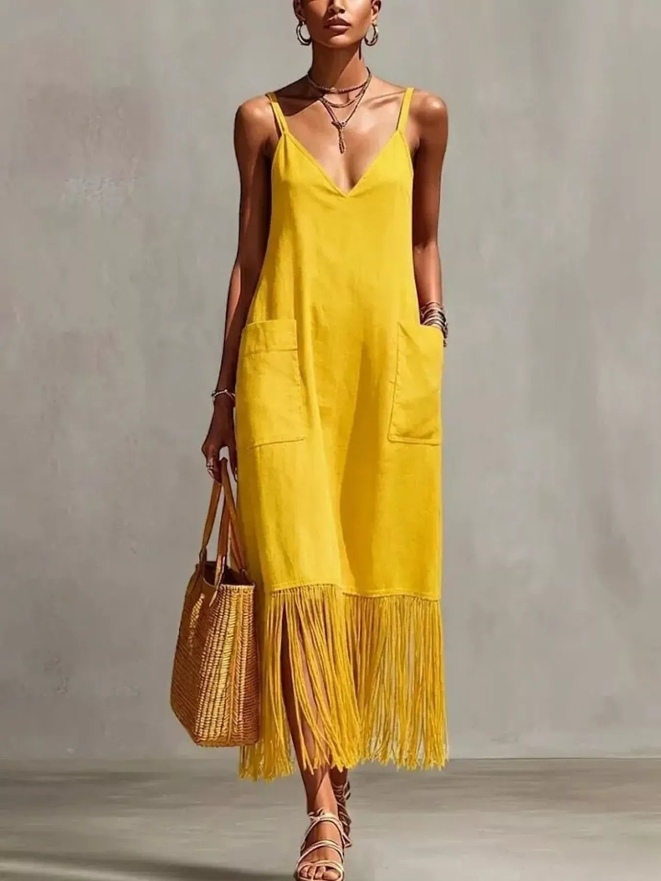 Fringe V-Neck Spaghetti Strap Dress Yellow / S The Nichole Collection