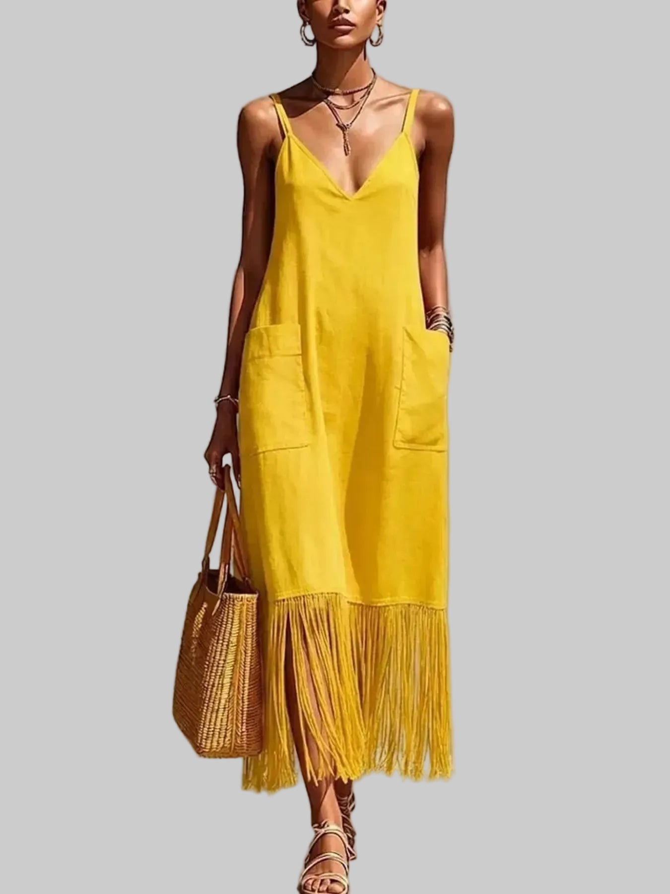 Fringe V-Neck Spaghetti Strap Dress Yellow / S The Nichole Collection