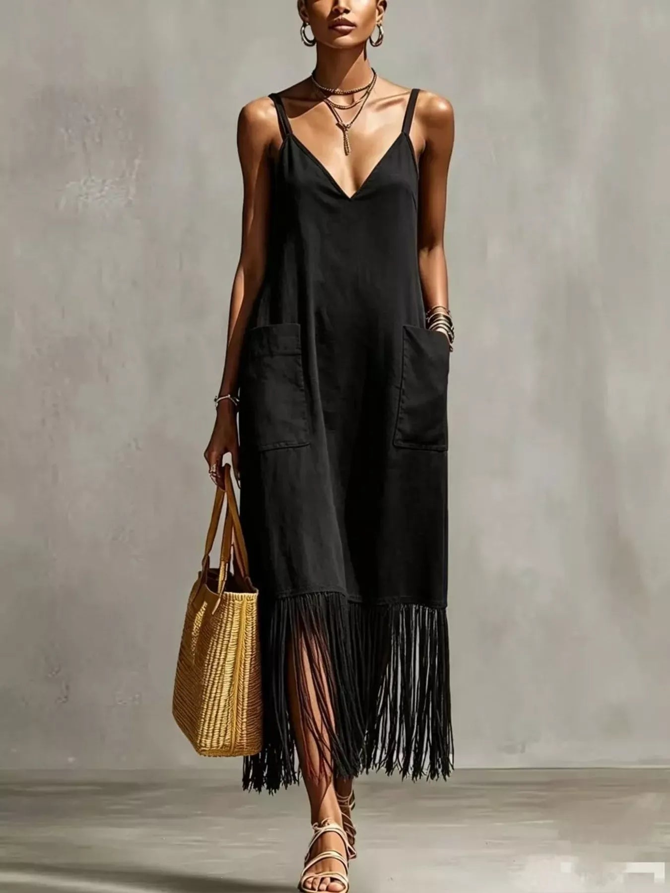 Fringe V-Neck Spaghetti Strap Dress Black / S The Nichole Collection