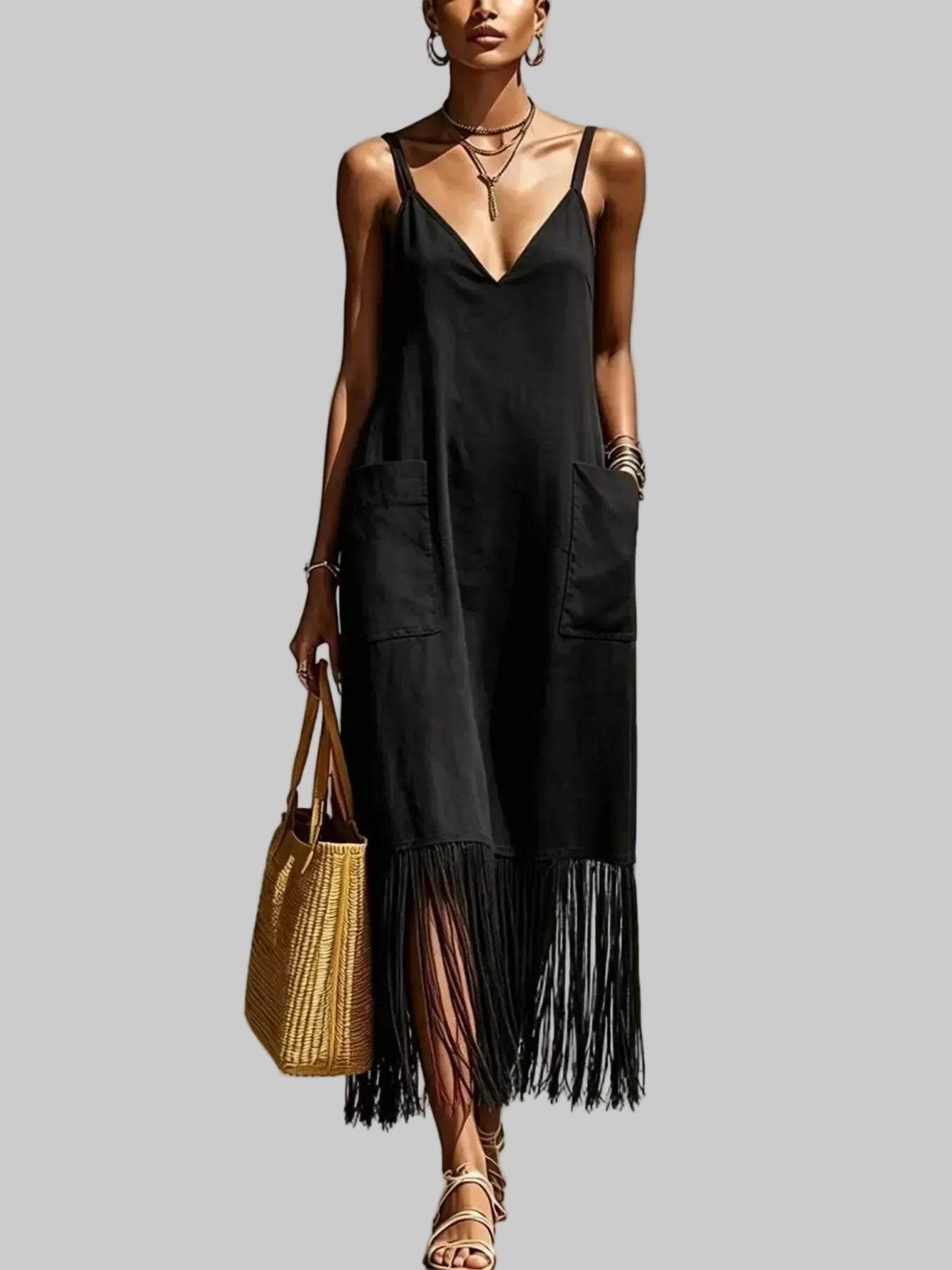 Fringe V-Neck Spaghetti Strap Dress Black / S The Nichole Collection